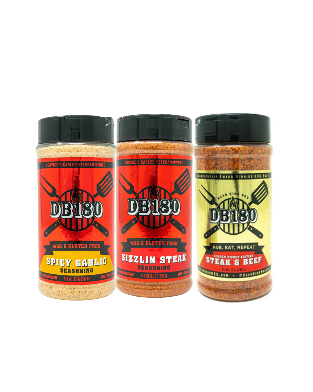 DB180 Steak Trio Bundle featuring gluten-free rubs for steak, including spicy garlic, sizzlin steak, and steak & beef seasonings.