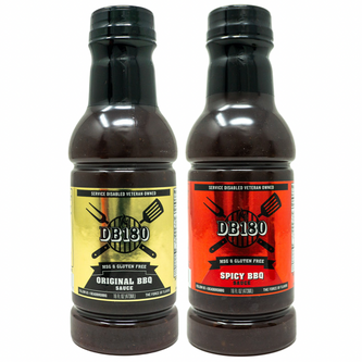 DB180 Premium Products gluten-free BBQ sauce bundle featuring two flavorful BBQ sauces in glass bottles.