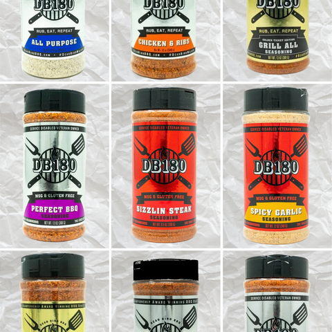 Family bundle of DB180 Premium Products BBQ rub collection showing an assortment of flavorful spice jars for grilling.