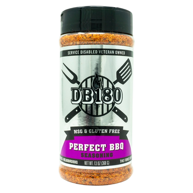Close-up of DB180 Premium Products Perfect BBQ Rub container with the spice blend label visible.