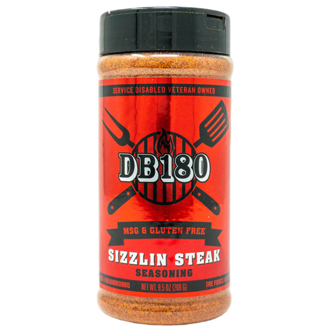 DB180 Premium Products Steak Trio Bundle featuring BBQ rubs, with sizzling steaks ready for grilling.