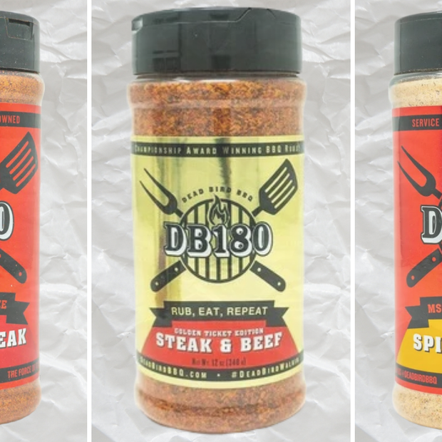 DB180 Premium Steak Trio Bundle featuring BBQ rubs for flavorful grilled steaks, shown in image with three seasoning jars.