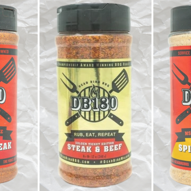 DB180 Premium Steak Trio Bundle featuring BBQ rubs for flavorful grilled steaks, shown in image with three seasoning jars.