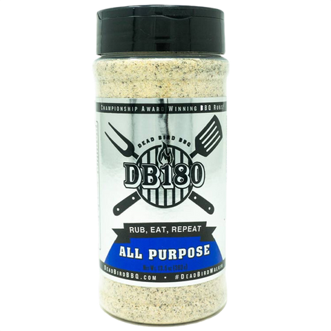 DB180 Premium Products all-purpose BBQ rub seasoning in a jar, with a blend of spices for grilling and grilling flavor.