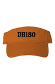 Adjustable orange DB180 logo visor hat by Apliiq with a curved brim and front logo embroidery, suitable for casual wear.