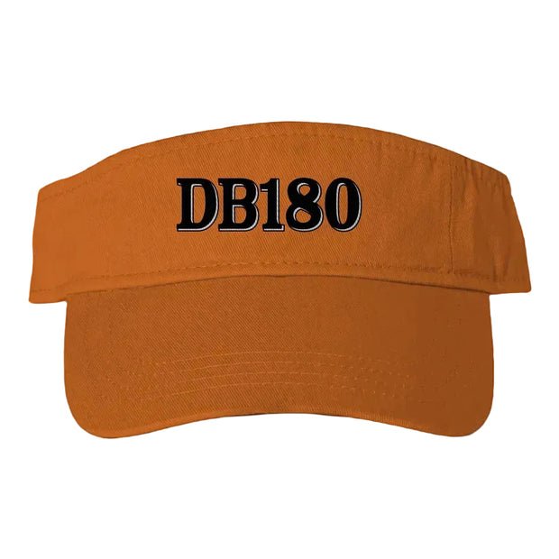 Adjustable orange DB180 logo visor hat by Apliiq with a curved brim and front logo embroidery, suitable for casual wear.