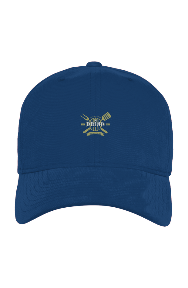 Apliiq black DB180 cap, one-size fitted hat with curved brim and embroidered logo, casual headwear for men and women.