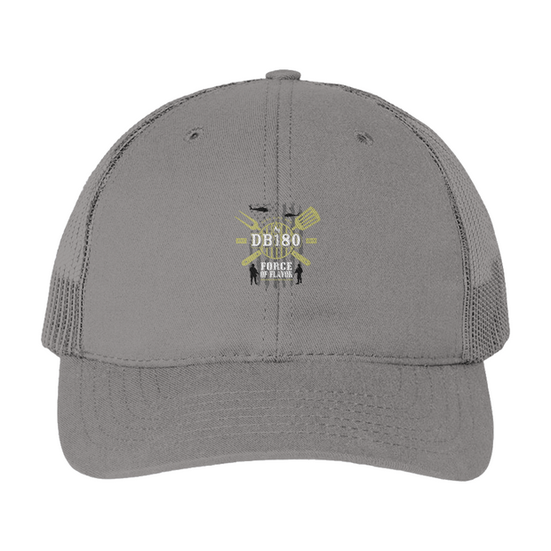 Light gray Apliiq trucker cap featuring "The Force of Flavor" embroidered design, casual hat with adjustable snapback closure.