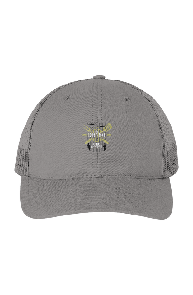 Light gray Apliiq trucker cap featuring "The Force of Flavor" embroidered design, casual hat with adjustable snapback closure.