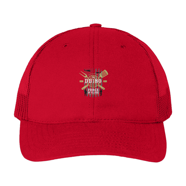 Light gray Apliiq trucker cap with "The Force of Flavor" embroidered logo, adjustable one-size-fit-hat, casual stylish headwear.