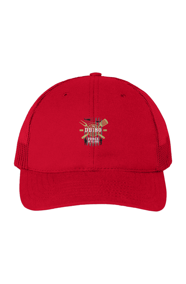 Light gray Apliiq trucker cap with "The Force of Flavor" embroidered logo, adjustable one-size-fit-hat, casual stylish headwear.