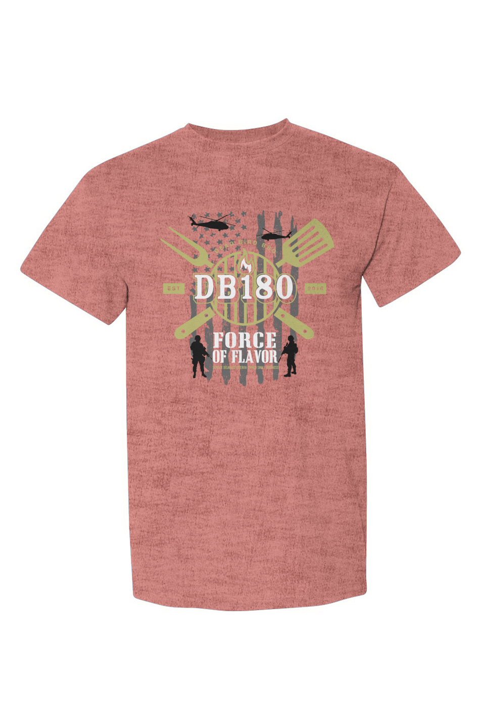 Apliiq DB180 Force of Flavor DryBlend BBQ T-shirt in heather sport scarlet red, showcasing the t-shirt's design and fabric texture.