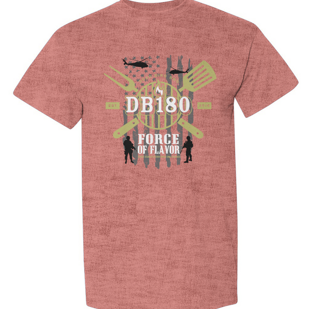 Apliiq DB180 Force of Flavor DryBlend BBQ T-shirt in heather sport scarlet red, showcasing the t-shirt's design and fabric texture.