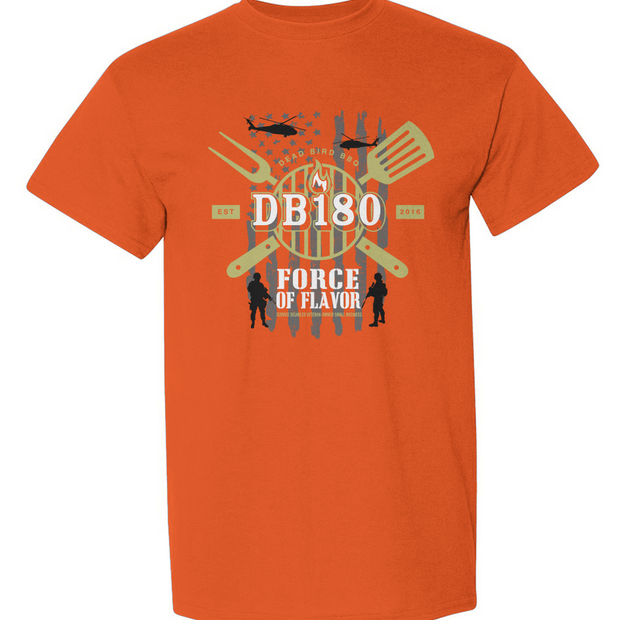 Apliiq DB180 Force Of Flavor Tee dryblend BBQ t-shirt in heather scarlet red, featuring bold graphic design on front.
