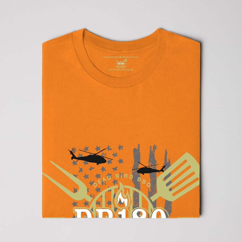 Apex DryBlend T-Shirt in safety orange by Apliiq, Force of Flavor Edition, showing front view with graphic design.