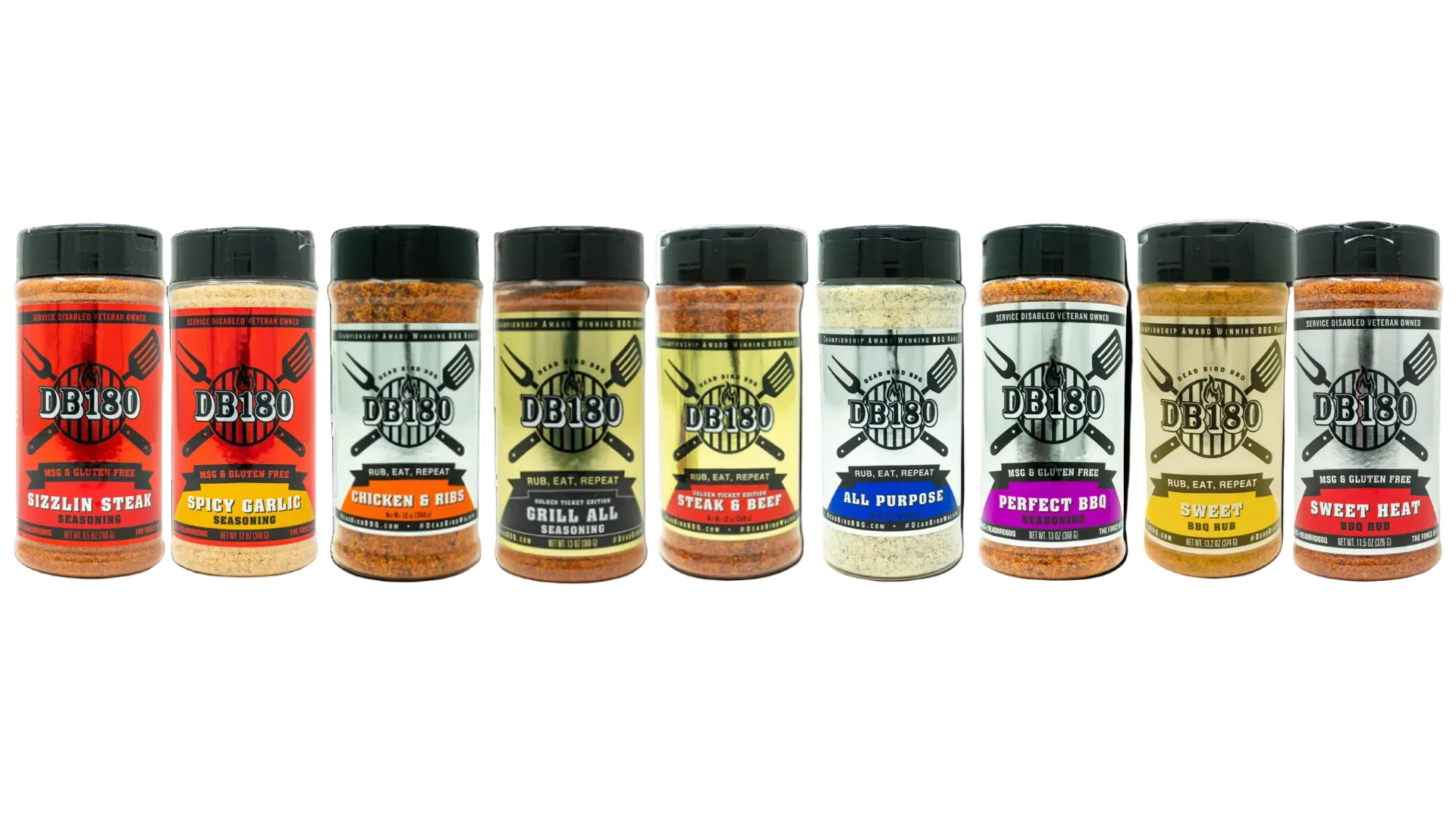 DB180 Premium Products gluten-free BBQ rub set featuring a full collection of seasonings for grilling and smoking.