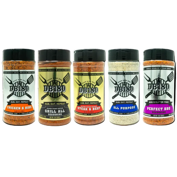DB180 Premium Products gluten-free BBQ rub set featuring a full collection of seasonings for grilling and smoking.