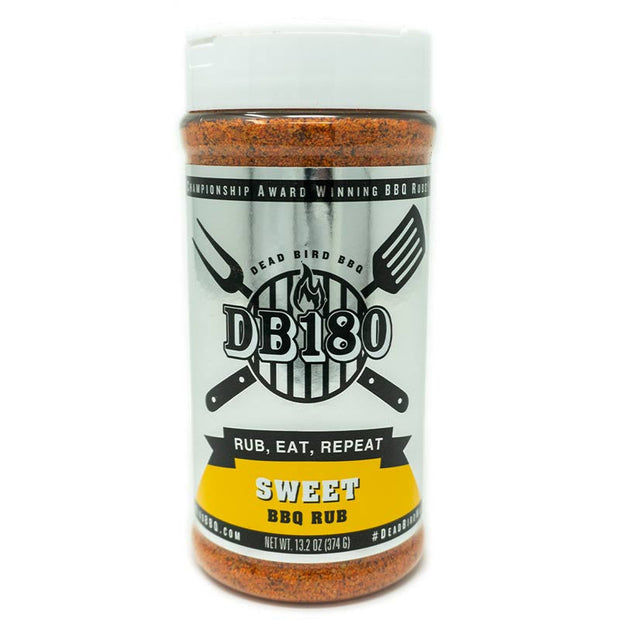DB180 Premium Products Sweet Case BBQ Rub jar with label, showcasing vibrant packaging and product details.