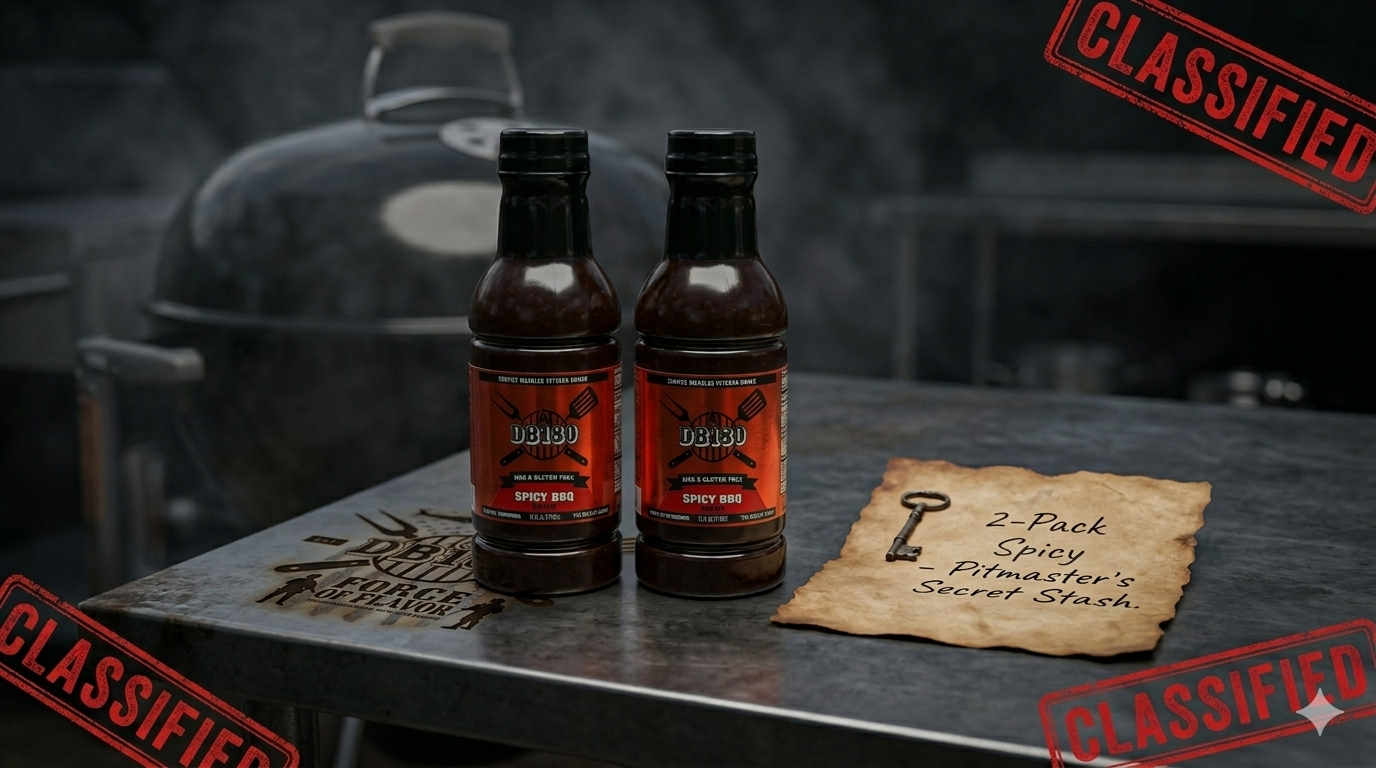 DB180 Premium Products spicy BBQ sauce bundle with two bottles, ideal for grilling and outdoor cooking.