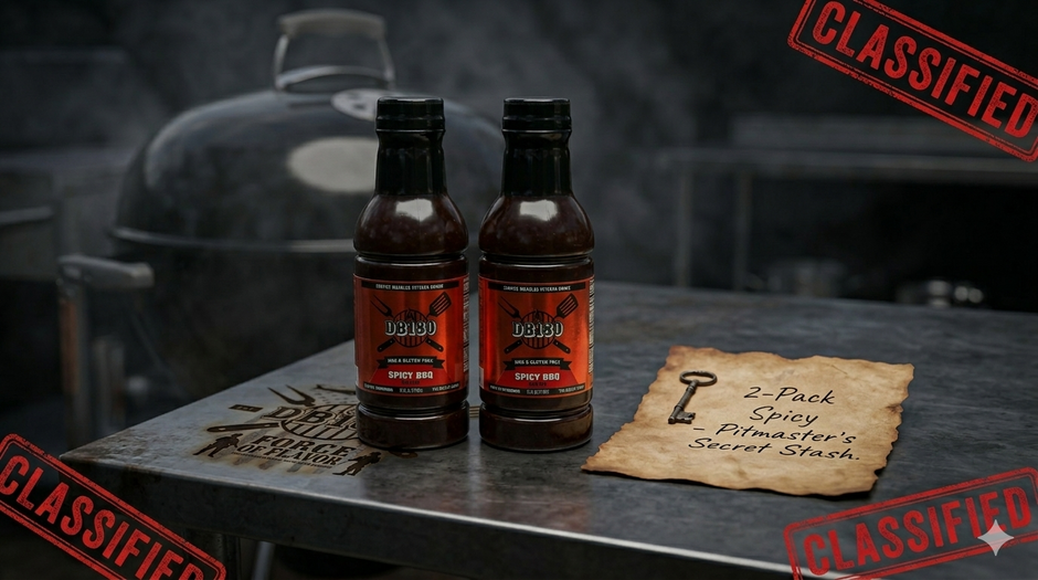 DB180 Premium Products spicy BBQ sauce bundle with two bottles, ideal for grilling and outdoor cooking.