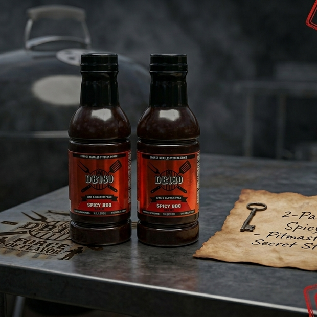 DB180 Premium Products spicy BBQ sauce bundle with two bottles, ideal for grilling and outdoor cooking.