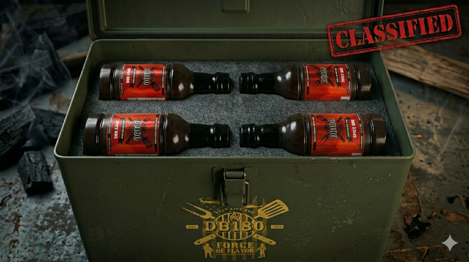 DB180 Premium Products spicy BBQ sauce bundle with two bottles, perfect for grilling and enhancing smoky flavors.