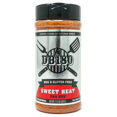DB180 Sweet Heat BBQ Rub in an 11.5oz bottle, gluten-free sweet and spicy seasoning for grilling or cooking proteins.