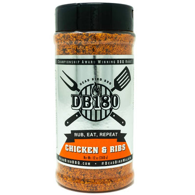 DB180 Premium BBQ Rub in a 12-ounce bottle, gluten-free seasoning for chicken, ribs, poultry, and pork grilling.