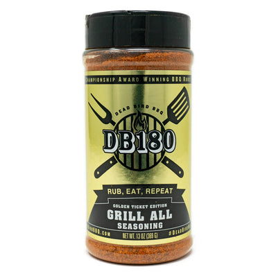 DB180 Grill All gluten-free BBQ rub in a 13.2 oz bottle, perfect for seasoning various proteins with flavorful spices.