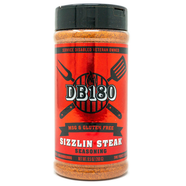 DB180 Sizzlin Steak gluten-free BBQ rub in a 9.5 oz bottle, high-heat steak seasoning from DB180 Premium Products.