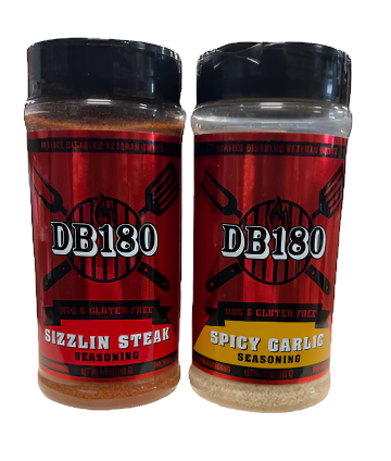 DB180 Premium BBQ Rub Sizzlin Bundle featuring gluten-free, high-heat spice blend in a jar for grilling and smoking.