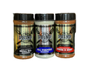 DB180 Premium Products steak trio bundle with gluten-free BBQ rubs, featuring three seasoning jars for flavorful steak grilling.