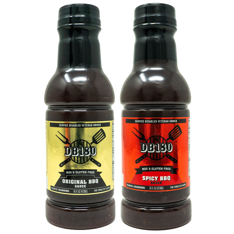 DB180 Premium Products gluten-free BBQ sauce bundle featuring two flavorful BBQ sauces in glass bottles.