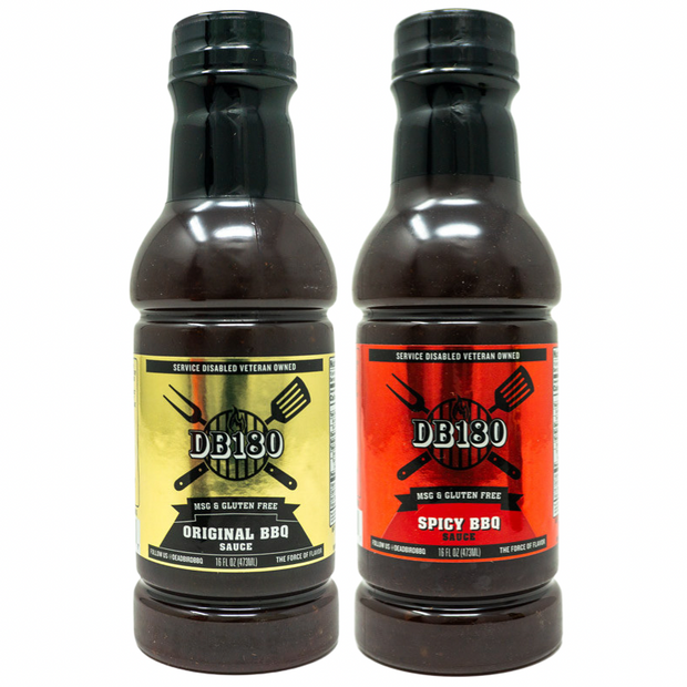 DB180 Premium Products gluten-free BBQ sauce bundle featuring two flavorful BBQ sauces in glass bottles.
