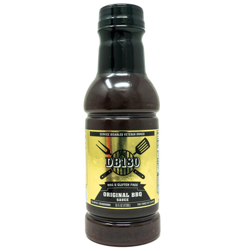 DB180 Original BBQ Sauce in a jar, gluten-free classic BBQ sauce for grilling and pairing with various proteins.