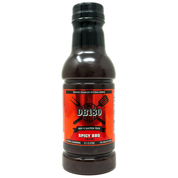 DB180 Premium Products spicy BBQ sauce in a bottle, gluten-free with balanced heat, ideal for grilling and flavorful dishes.